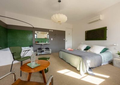 Chambre d'hôtes Opaline au Metafort, Luberon - Mont-Ventoux. Coin salon, bain privatif, lit double, coin salon avec télévision